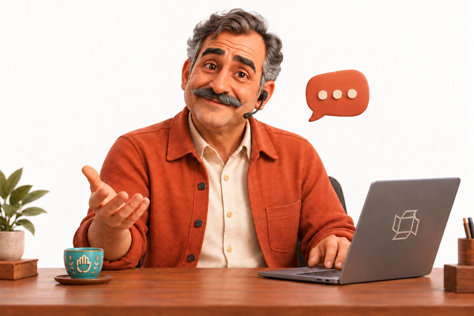 مشتی هامون، شخصیت ایرانی خوشبرخورد در حال پاسخگویی به پرسشهای مشتریان